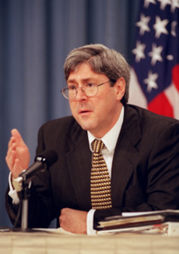 Under Secretary of Defense for Policy Douglas Feith holds a press conference at the Pentagon on Dec. 9, 2002, at the close of a day of meetings with a delegation from the Chinese People's Liberation Army. The talks were actually the fifth installment of a series of meetings categorized as Defense Consultative Talks. Feith said that among the issues discussed were: the UN's work in Iraq, the North Korean nuclear program, U.S. support for Taiwan, Chinese military modernization and its effect on the entire Asian region, and various U.S. - Chinese military-to-military cooperation programs. The Chinese delegation was led by Gen. Xiong Guangkai, the deputy chief of the Chinese General Staff. 