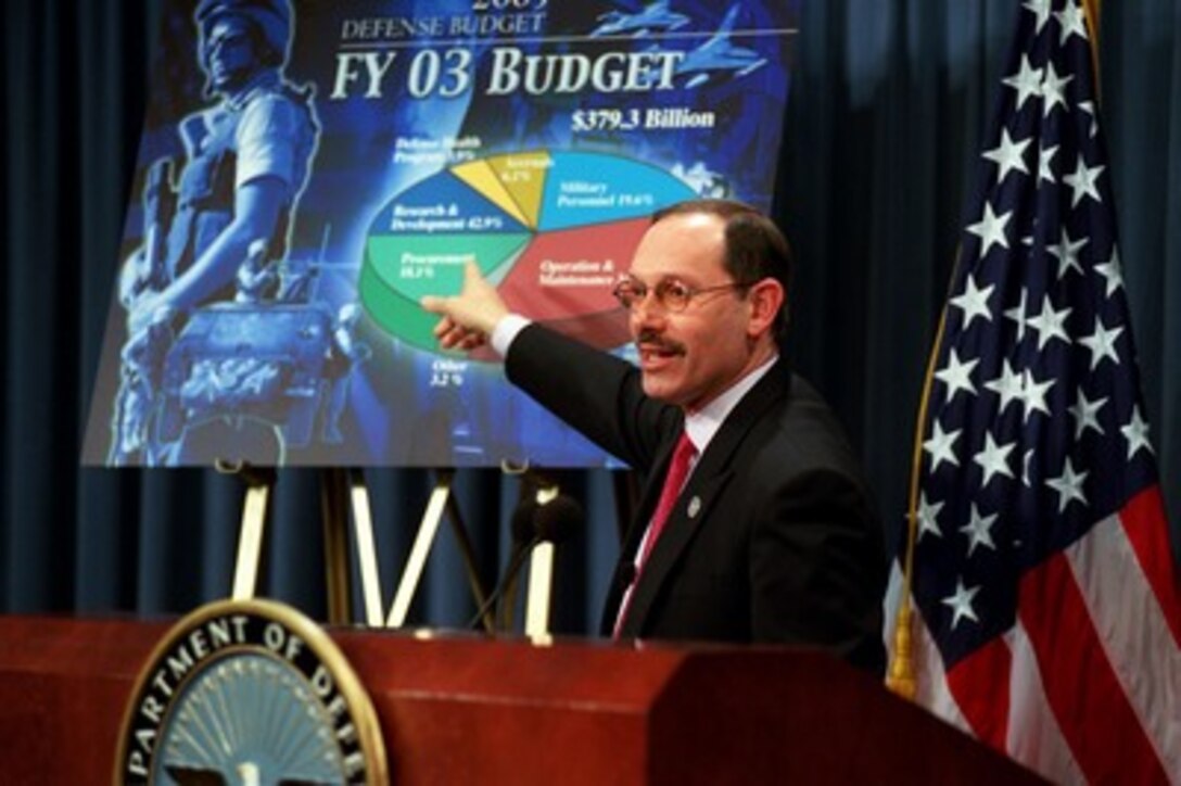 Undersecretary of Defense (Comptroller) Dov Zakheim briefs reporters at the Pentagon on the details of the proposed Fiscal 2003 Department of Defense budget on Feb. 4, 2002. 
