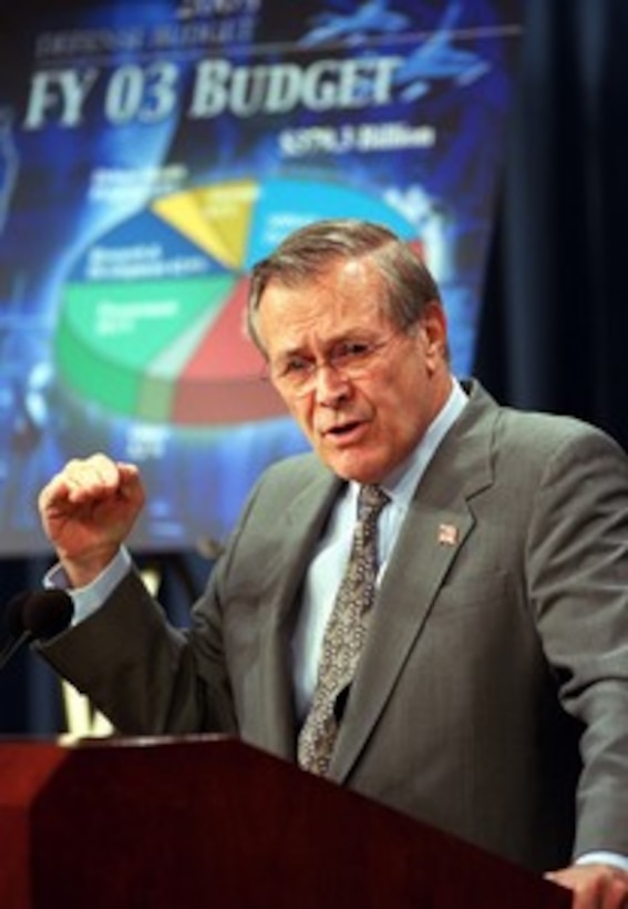 Secretary of Defense Donald H. Rumsfeld briefs reporters at the Pentagon on the details of the proposed Fiscal 2003 Department of Defense budget on Feb. 4, 2002. 