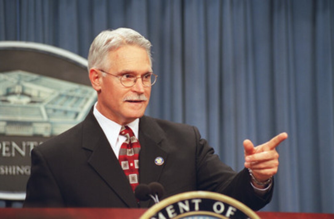 John Reingruber, assistant for science and technology, office of the Deputy Assistant Secretary of Defense for Combating Terrorism, participates in a Pentagon press briefing on Nov. 29, 2001, to inform reporters about the Technical Support Working Group. The Technical Support Working Group is a Department of Defense organization having the mission to identify, prioritize and coordinate interagency and international research and development requirements for combating terrorism. 