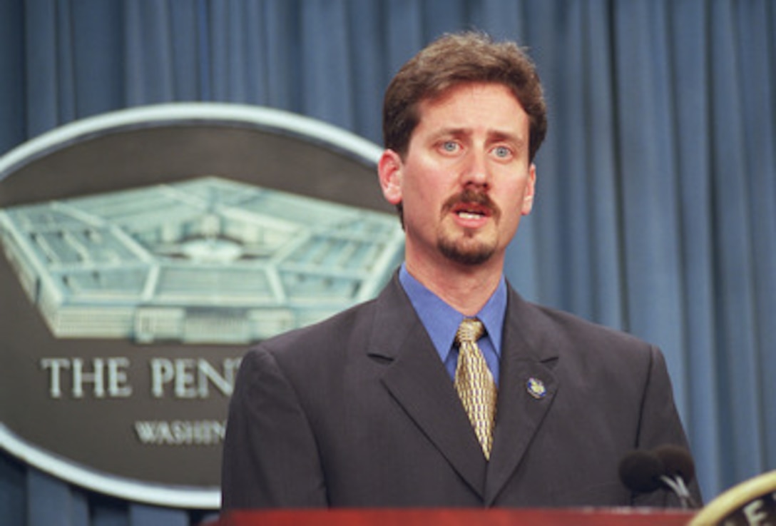 Jeff David, deputy director of the Technical Support Working Group, participates in a Nov. 29, 2001, Pentagon press briefing to inform reporters about his organization. The Technical Support Working Group is a Department of Defense organization having the mission to identify, prioritize and coordinate interagency and international research and development requirements for combating terrorism. 