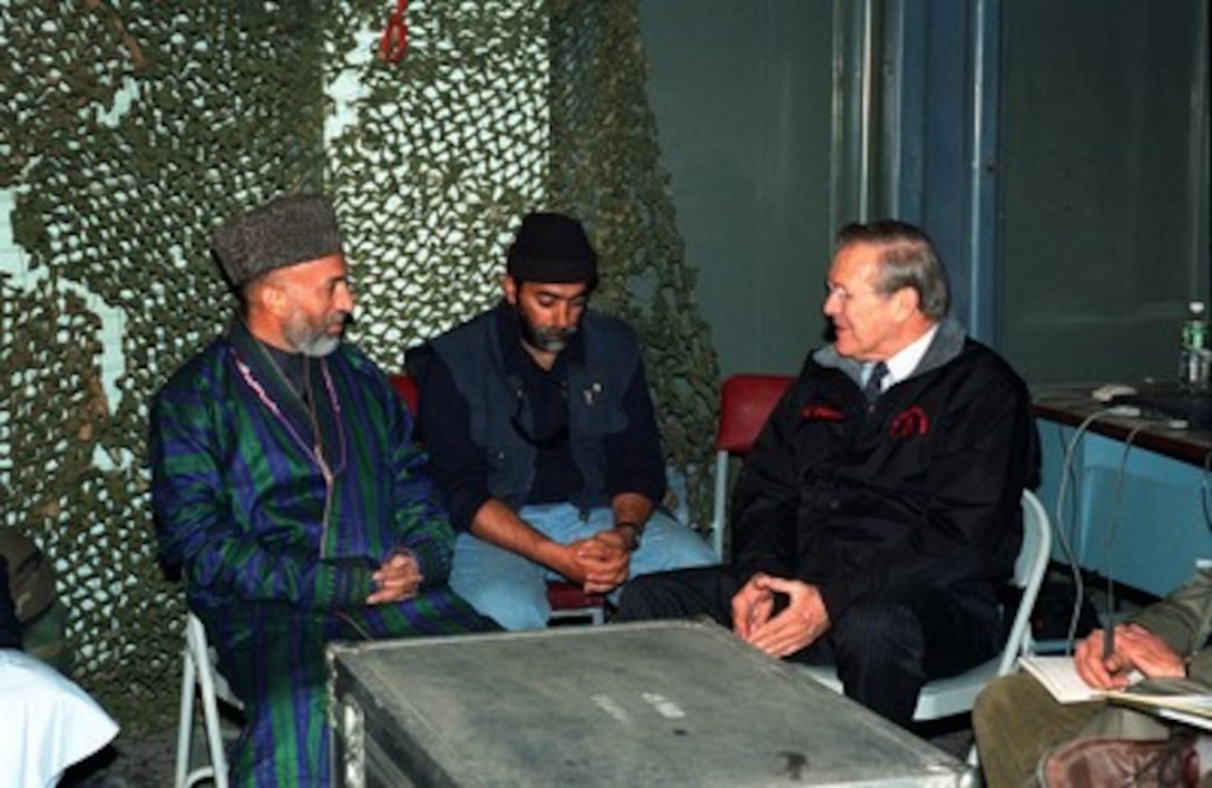 Hamid Karzai Meets With Secretary Rumsfeld At Bagram Air Base Afghanistan