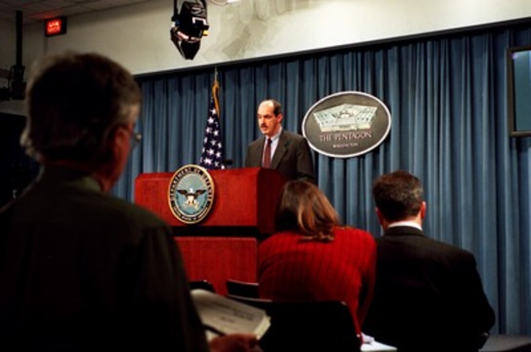 Assistant Secretary of Defense for International Security Policy J. D. Crouch conducts a Pentagon press briefing on Jan. 9, 2002, concerning the results of the Nuclear Posture Review. 