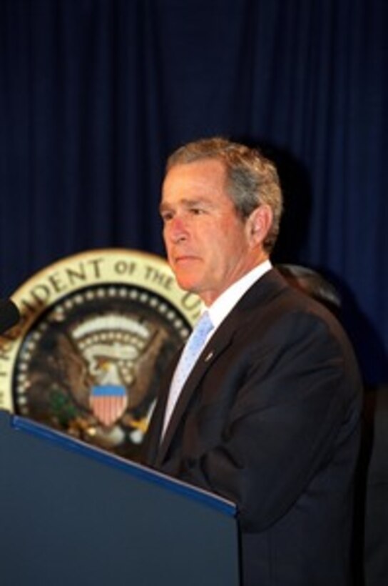 President George W. Bush addresses military and Department of Defense personnel at the Pentagon on Jan. 10, 2002. Bush is at the Pentagon to sign the Defense Appropriations Bill. 