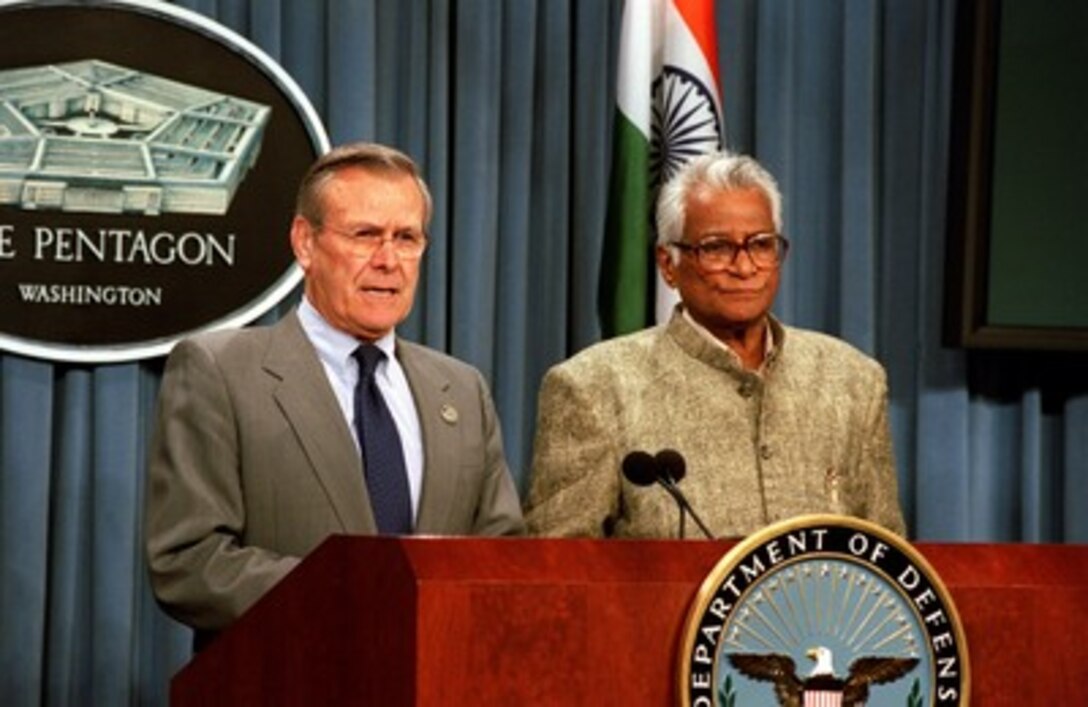 Secretary of Defense Donald H. Rumsfeld responds to a reporter's question during a joint media availability with India' s Minister of Defense George Fernandes in the Pentagon on Jan. 17, 2002. 
