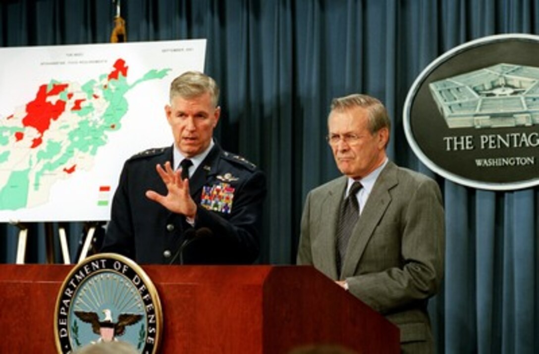 Chairman of the Joint Chiefs of Staff Gen. Richard B. Myers, U.S. Air Force, responds to a reporter's question during a Jan. 24, 2002, Pentagon press briefing. Secretary of Defense Donald H. Rumsfeld opened the briefing with an update of humanitarian assistance to the people of Afghanistan. 