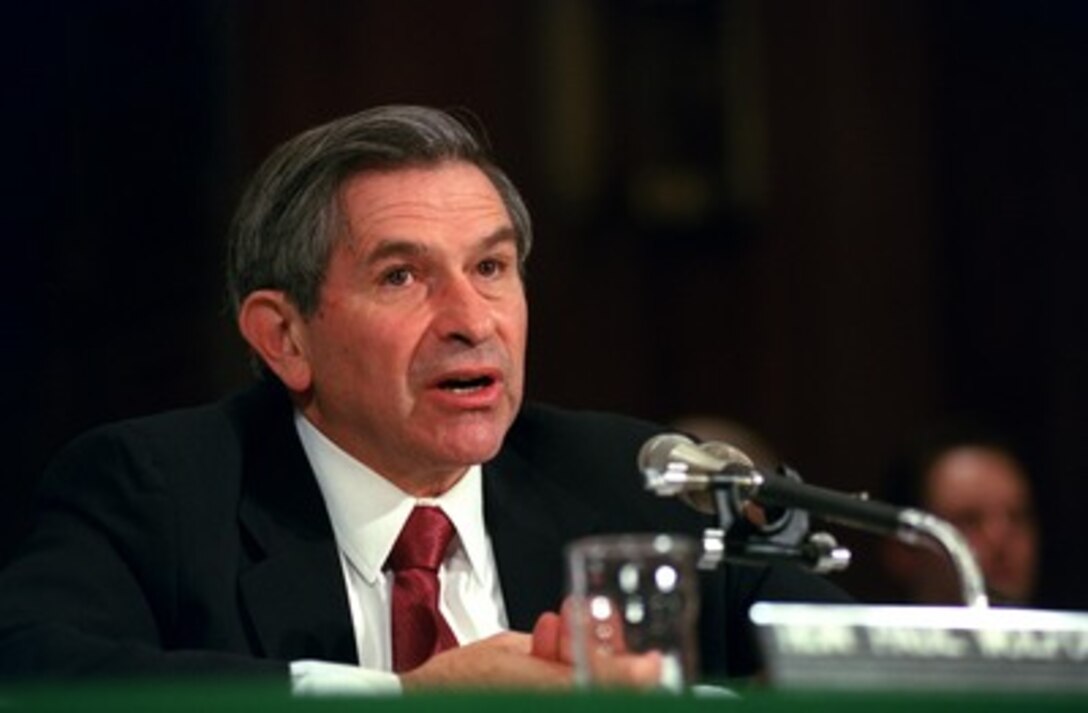 Deputy Secretary of Defense Paul Wolfowitz testifies before the Senate Committee on Foreign Relations concerning the current situation in Afghanistan on June 26, 2002. Wolfowitz later responded to questions posed by the committee. 