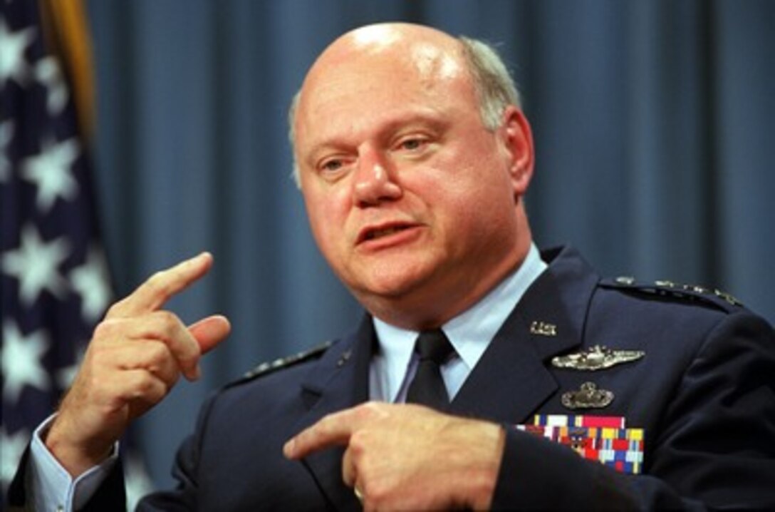 Air Force Lt. Gen. Ronald T. Kadish, director of the Missile Defense Agency, briefs reporters in the Pentagon on June 25, 2002, on the latest developments in the field of missile defense technology. Kadish also discussed the benefits of withdrawal from the ABM treaty. 