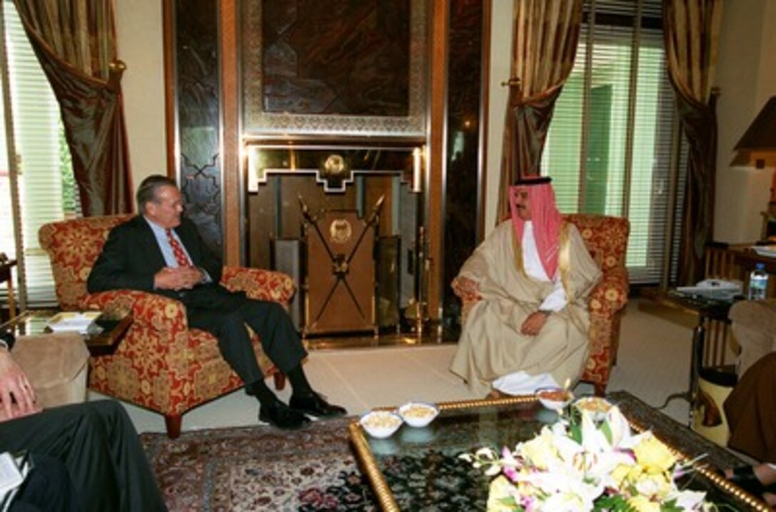 King Hamad bin Isa Al Khalifa, of the Kingdom of Bahrain, is visited by Secretary of Defense Donald H. Rumsfeld at Sasfaria Palace, Bahrain, on June 10, 2002. Rumsfeld is on a 10-day tour of nine countries to meet with senior leaders and to visit with U.S. troops deployed abroad. 