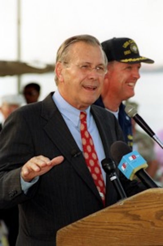 Secretary of Defense Donald H. Rumsfeld addresses the crew of the USS Carney (DDG 64) while in port in Bahrain on June 10, 2002. Rumsfeld is on a 10-day tour of nine countries to meet with senior leaders and to visit with U.S. troops deployed abroad. 