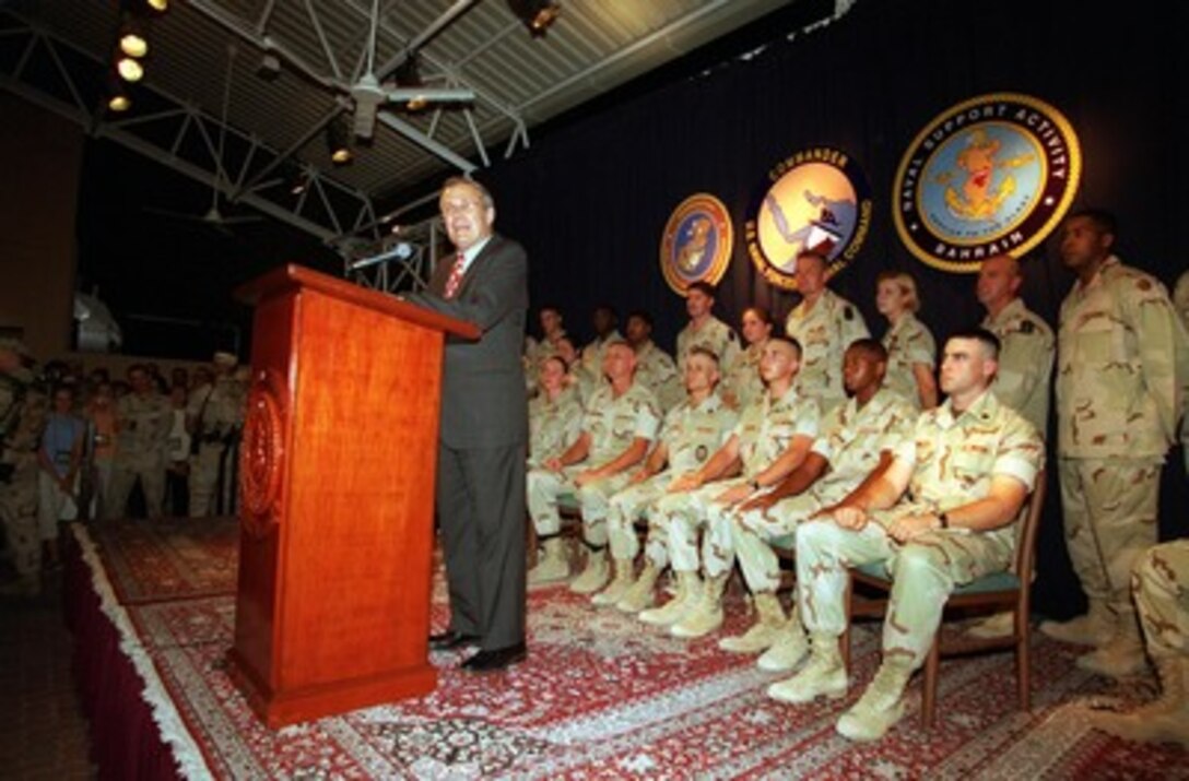 Secretary of Defense Donald H. Rumsfeld addresses U.S. personnel of Commander United States Fifth Fleet Headquarters at Naval Support Activity, Manama, Bahrain, on June 10, 2002. Rumsfeld is on a 10-day tour of nine countries to meet with senior leaders and to visit with U.S. troops deployed abroad. 