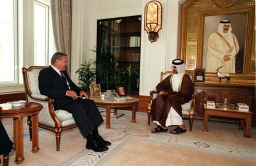 Secretary of Defense Donald H. Rumsfeld meets with His Highness Crown Prince Sheikh Jassim Bin Hamad Al-Thani at the Emiri Diwan in Qatar on June 11, 2002. Rumsfeld is on a 10-day tour of nine countries to meet with senior leaders and to visit with U.S. troops deployed abroad. 