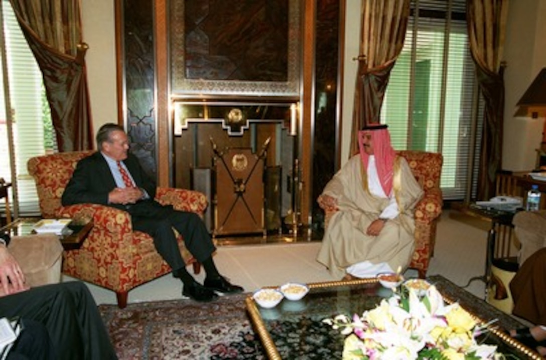 King Hamad bin Isa Al Khalifa, of the Kingdom of Bahrain, is visited by Secretary of Defense Donald H. Rumsfeld at Sasfaria Palace, Bahrain, on June 10, 2002. Rumsfeld is on a 10-day tour of nine countries to meet with senior leaders and to visit with U.S. troops deployed abroad. 