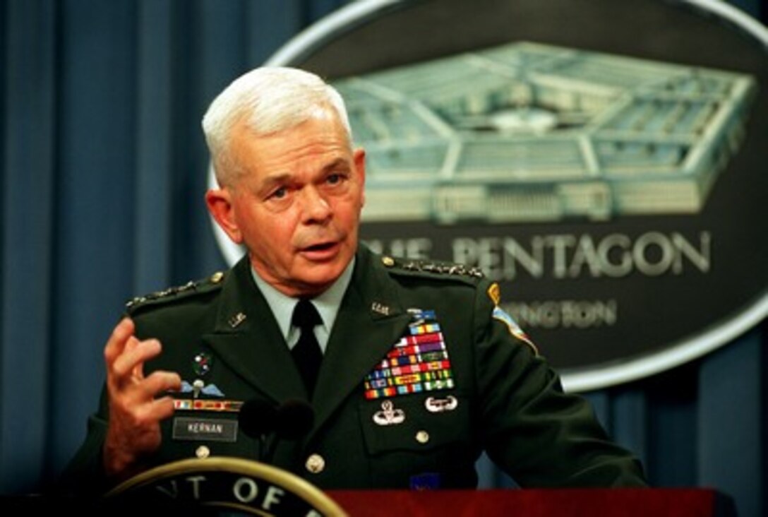 Army Gen. William F. Kernan, commander, Joint Forces Command, briefs reporters on the upcoming Millennium Challenge 2002 during a Pentagon press conference on July 18, 2002. Millennium Challenge is a joint war-fighting, experimental exercise involving both live field forces and computer simulations. Millennium Challenge is the largest, most complex military experiment ever conducted. 