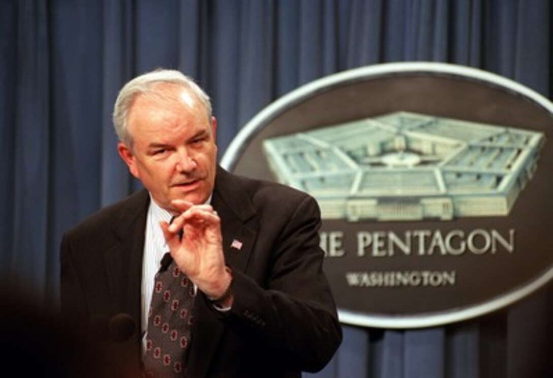 Principal Deputy Under Secretary of Defense for Acquisition, Technology, and Logistics Michael Wynne briefs reporters at the Pentagon on some of the new technologies being developed for indirect fire weapons, munitions for tube artillery and surface-to-surface rocket systems applications on May 15, 2002. Wynne also discussed the consequences of the cancellation of the Army's Crusader Artillery System and the transfer of some of Crusader's advanced technologies to other weapon's programs. 