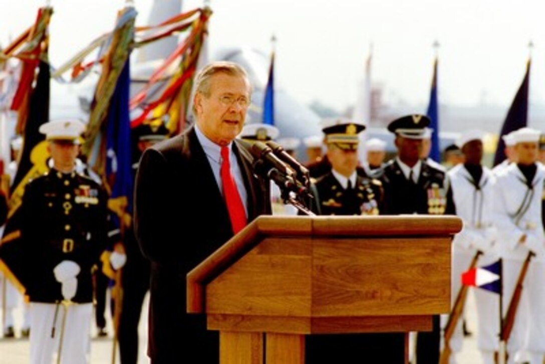 Secretary of Defense Donald H. Rumsfeld addresses the audience at the opening ceremonies of the Joint Service Open House at Andrews Air Forces Base, Md., on May 17, 2002. The two-day open house features precision flight demonstrations, free-fall formation parachuting and displays of a wide variety of military equipment. 