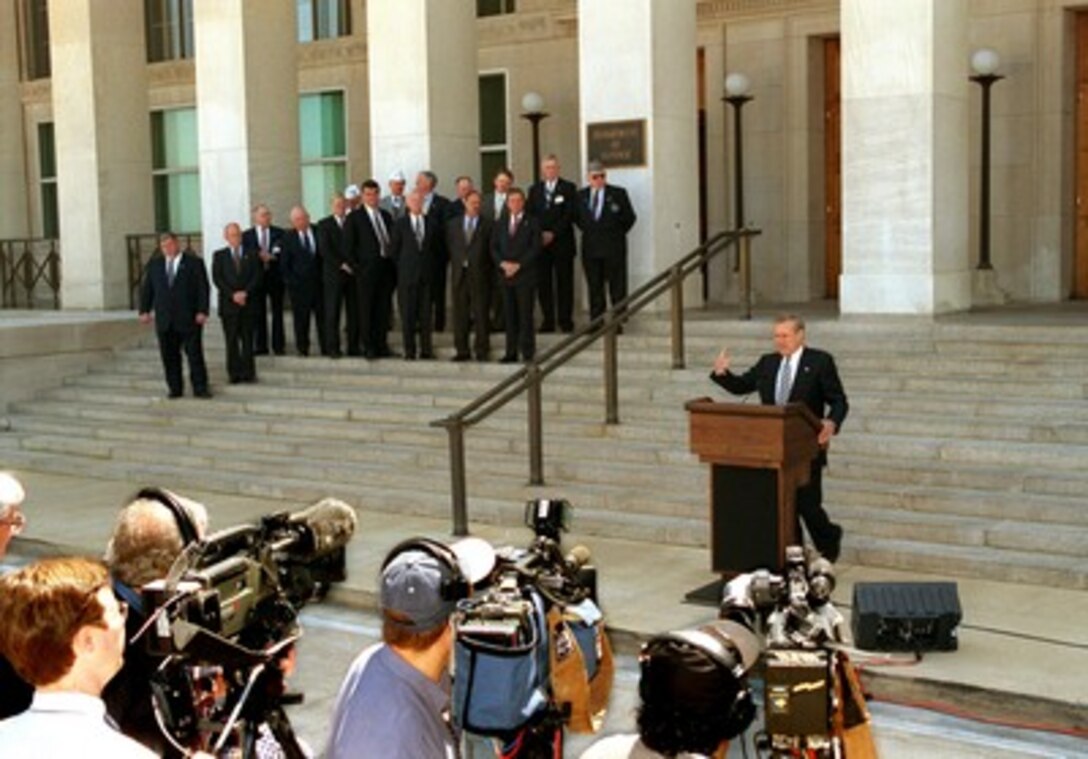 Secretary of Defense Donald H. Rumsfeld briefs reporters at the Pentagon about his meeting with representatives of the nation's veterans and service organizations on May 22, 2002. Rumsfeld said he had discussed the current war on terrorism with the group as well as other issues of defense interest. 