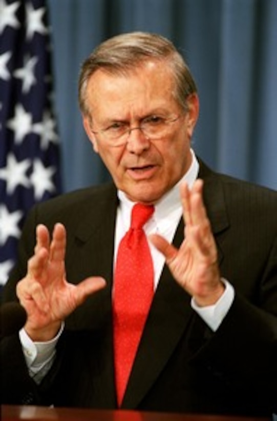 Secretary of Defense Donald H. Rumsfeld answers a reporter's question after announcing the cancellation of the Crusader Artillery System during a Pentagon press briefing on May 8, 2002. Rumsfeld also took questions on the progress of Operation Enduring Freedom. 
