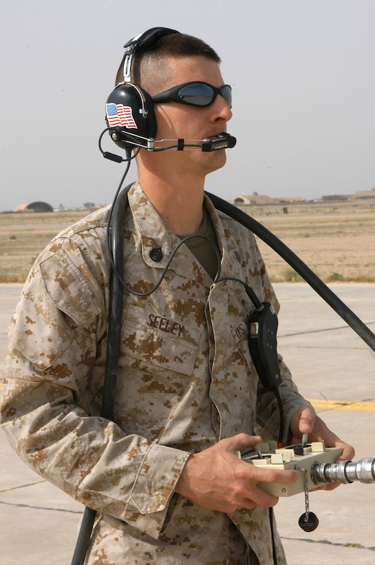 AL TAQADDUM, Iraq (March 31, 2005) - Staff Sgt. Richard E. Seeley, external UAV pilot and native of Eustis, Fla., pilots a Pioneer UAV just after take off. External pilots control the aircraft during takeoffs and landings, and then pass off the controls to the internal pilots. The Pioneers are capable of up to 5 hours of flight, and respond to missions throughout the Al Anbar province.