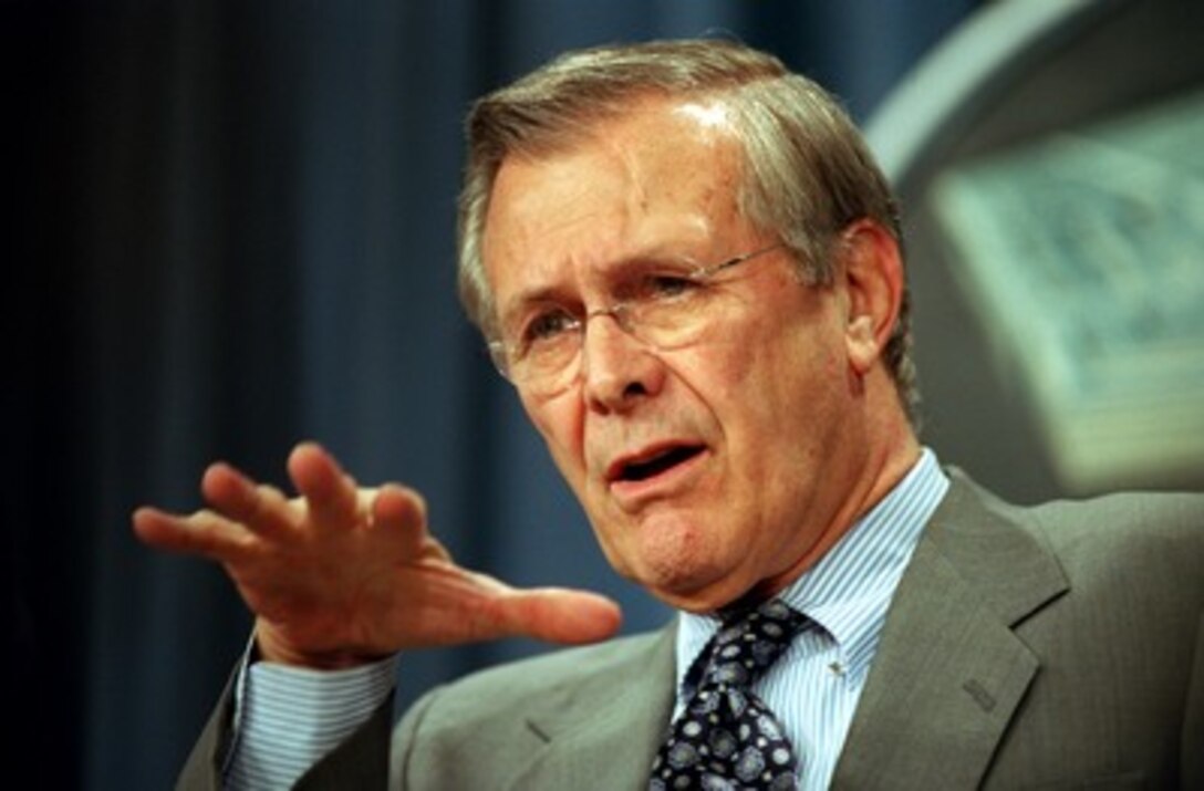 Secretary of Defense Donald H. Rumsfeld briefs reporters at the Pentagon on the latest developments in the war on terrorism on Feb. 21, 2002. Rumsfeld and Chairman of the Joint Chiefs of Staff Gen. Richard B. Myers, U.S. Air Force, provided details of the Jan. 23, 2002, U.S. ground assault on two buildings in the Afghan village of Hazar Qadam. 