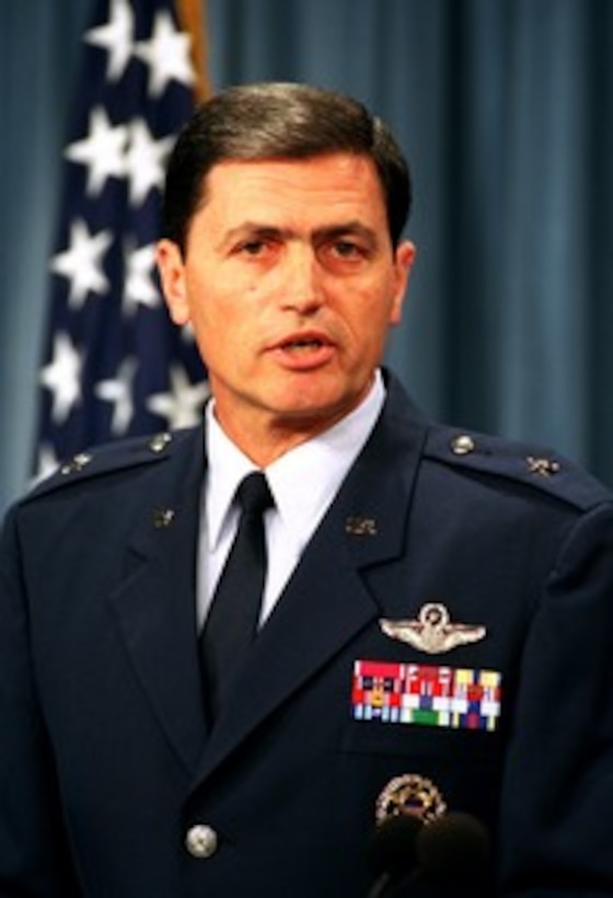 Brig. Gen. John W. Rosa Jr., U.S. Air Force, participates in his first Pentagon press briefing on March 1, 2002. Rosa is replacing Navy Rear Adm. John Stufflebeem who has been a regular feature in the Pentagon briefing studio since the start of U.S. operations in Afghanistan. Rosa is the deputy director for current operations on the Joint Staff. 