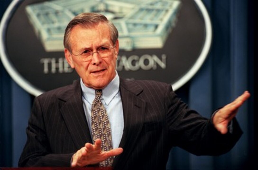 Secretary of Defense Donald H. Rumsfeld briefs reporters at the Pentagon on March 4, 2002, about the latest developments in Operation Anaconda in the mountains of eastern Afghanistan. 