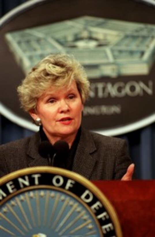 Deputy Under Secretary of Defense for Advanced Systems and Concepts Sue Payton briefs reporters on advanced capabilities technology demonstrations currently under review during a Pentagon press briefing on March 5, 2002. 
