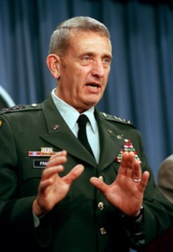 Gen. Tommy R. Franks, U.S. Army, commander in chief, U.S. Central Command, briefs reporters in the Pentagon on March 6, 2002. Franks is updating the media on the progress of Operation Anaconda, a large combat operation involving U.S. and coalition forces underway in the Shahikot Mountains of eastern Afghanistan, near the city of Gardez. 