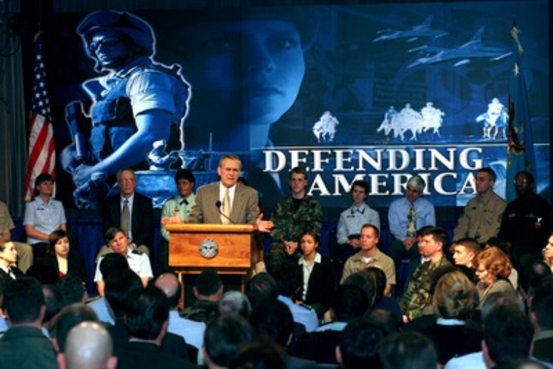 Secretary of Defense Donald H. Rumsfeld addresses the audience at a town hall meeting in the Pentagon on March 7, 2002. The event, which is televised to U.S. military installations worldwide, gives military and DoD civilian personnel the opportunity to ask questions and receive answers directly from Rumsfeld. 