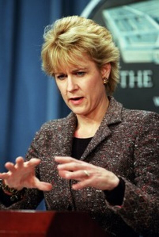 Assistant Secretary of Defense Public Affairs Torie Clarke responds to a reporter's question during a Pentagon press briefing on March 8, 2002. 