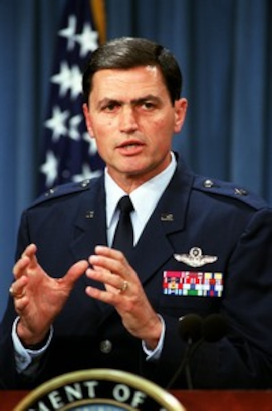 Brig. Gen. John W. Rosa Jr., U.S. Air Force, briefs reporters on the latest developments in Operation Anaconda during a Pentagon press briefing on March 8, 2002. Operation Anaconda is a large combat operation involving U.S. and coalition forces underway in the Shahikot Mountains of eastern Afghanistan, near the city of Gardez. Rosa is the deputy director for current operations on the Joint Staff. 