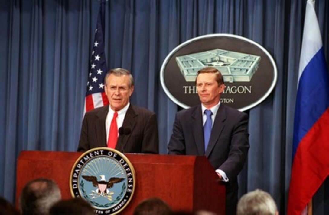 Secretary of Defense Donald H. Rumsfeld (left) delivers the opening remarks during a joint press conference with Russian Minister of Defense Sergey Ivanov in the Pentagon on March 13, 2002. The conference capped two days of meetings for Rumsfeld and Ivanov, both privately and with senior advisors, as they discussed a broad range of security issues of mutual interest. 
