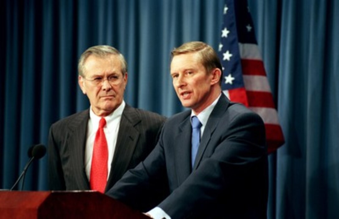 Russian Minister of Defense Sergey Ivanov (right) responds to a reporter's question during a joint press conference with Secretary of Defense Donald H. Rumsfeld on March 13, 2002. The conference capped two days of meetings for Ivanov and Rumsfeld, both privately and with senior advisors, as they discussed a broad range of security issues of mutual interest. 