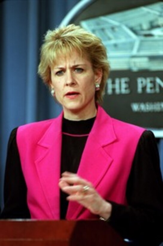 Assistant Secretary of Defense for Public Affairs Victoria Clarke responds to a reporter's question on Operation Enduring Freedom during a Pentagon press briefing on March 20, 2002. 