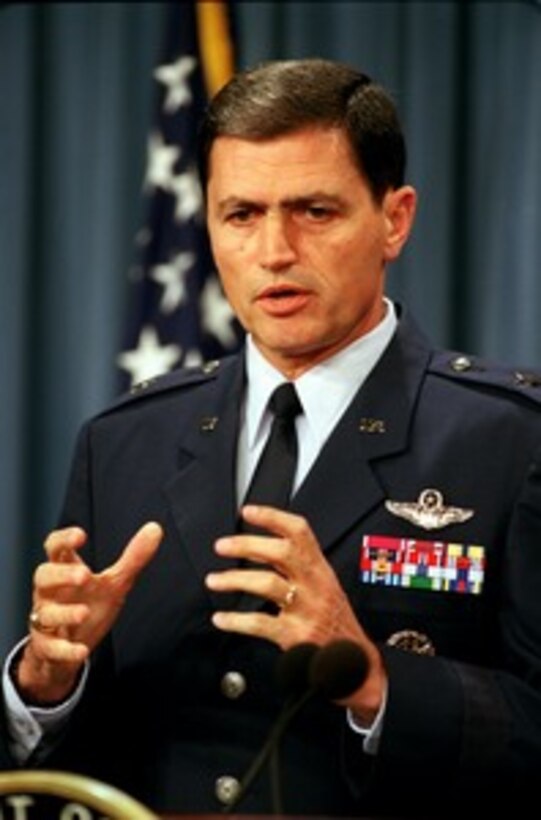 Brig. Gen. John W. Rosa Jr., U.S. Air Force, briefs reporters on operations in Afghanistan during a Pentagon press briefing on March 20, 2002. Rosa is the deputy director for current operations on the Joint Staff. 