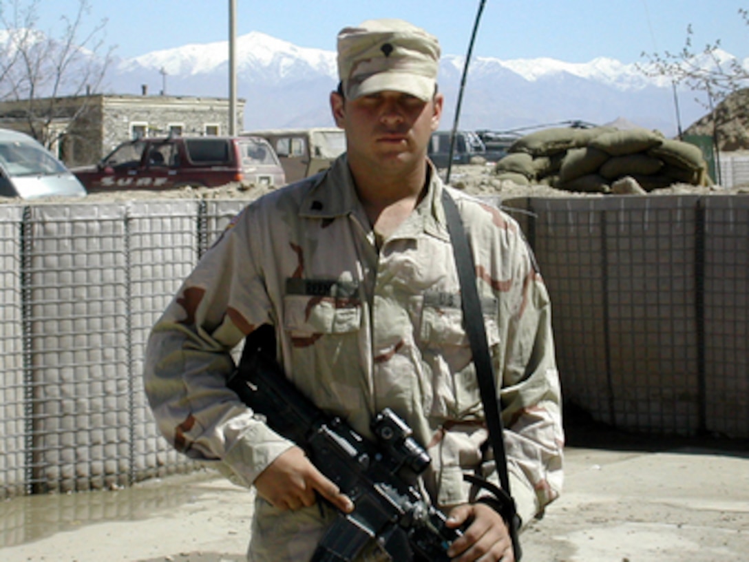 Army Spc. Jeffrey E. Reen was interviewed via telephone by reporters in the Pentagon on March 27, 2002. Reen, who is deployed to Afghanistan, described his participation in Operation Anaconda and Operation Harpoon in Afghanistan. Reen, of Easton, Mass., is a team leader with Alpha Company, 4th Battalion, 31st Infantry Regiment, 10th Mountain Division, Fort Drum, N.Y. 