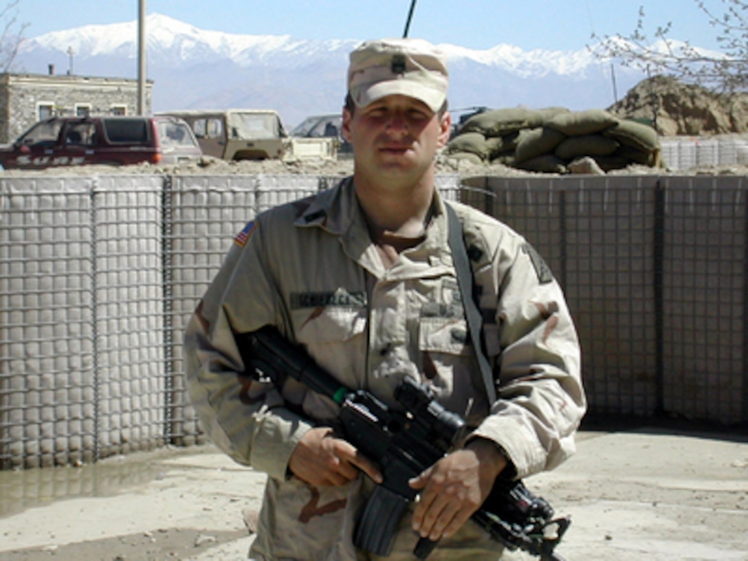 Army Staff Sgt. Kevin A. Schiedeck was interviewed via telephone by reporters in the Pentagon on March 27, 2002. Schiedeck, who is deployed to Afghanistan, described his participation in Operation Anaconda and Operation Harpoon in Afghanistan. Schiedeck, of Cottage Grove, Ore., is a squad leader with Alpha Company, 4th Battalion, 31st Infantry Regiment, 10th Mountain Division, Fort Drum, N.Y. 