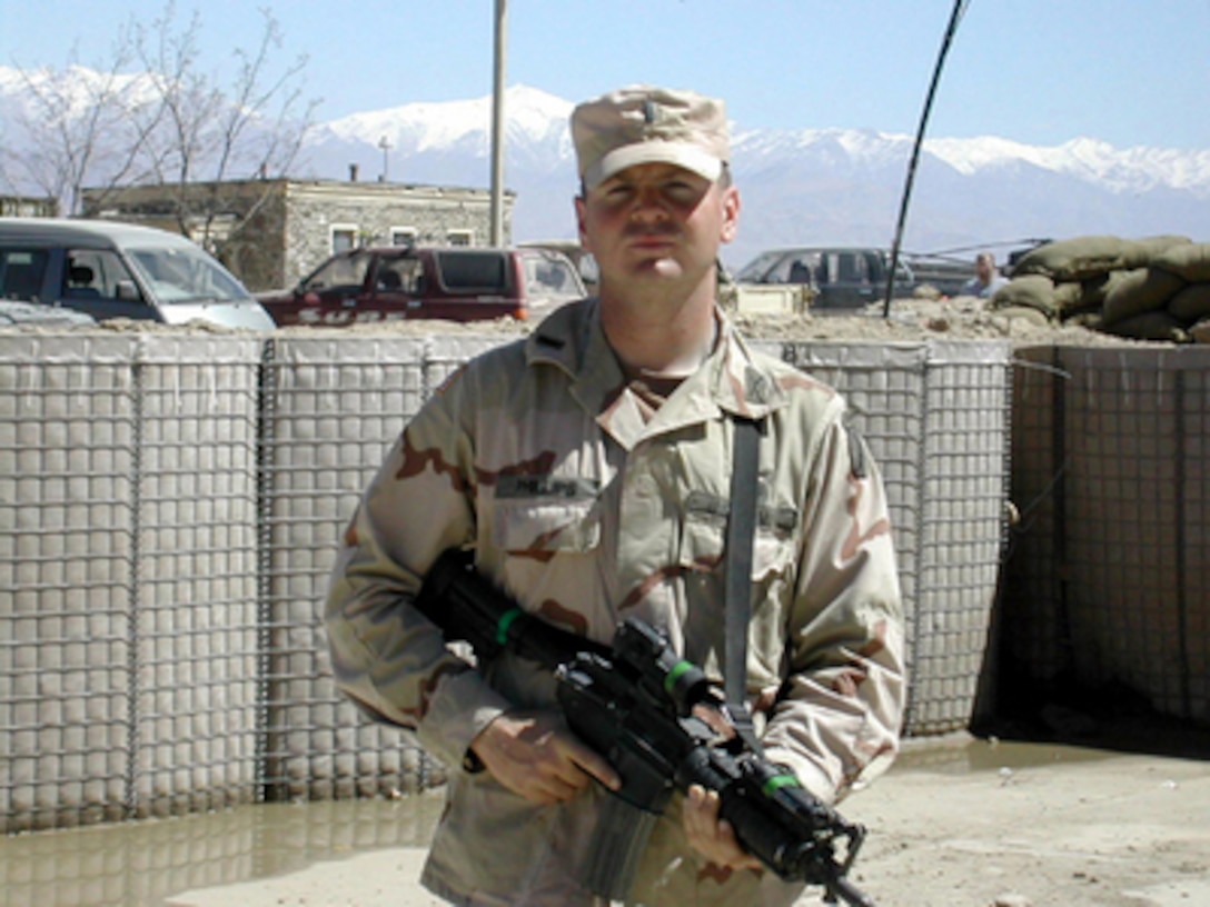 Army 1st Lt. Richard C. Phillips was interviewed via telephone by reporters in the Pentagon on March 27, 2002. Phillips, who is deployed to Afghanistan, described his participation in Operation Anaconda and Operation Harpoon in Afghanistan. Phillips, of Lake City, Fla., is the light infantry platoon leader with Alpha Company, 4th Battalion, 31st Infantry Regiment, 10th Mountain Division, Fort Drum, N.Y. 