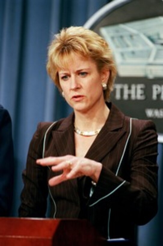 Assistant Secretary of Defense for Public Affairs Victoria Clarke responds to a reporter's question during a Pentagon press briefing on March 18, 2002. Clarke and Air Force Brig. Gen. John W. Rosa Jr. announced the end of Operation Anaconda in Afghanistan. Operation Anaconda was a combat operation involving U.S. and coalition forces against al Qaeda terrorist training camps and military installations in the Shahikot Mountains of eastern Afghanistan, near the city of Gardez. 
