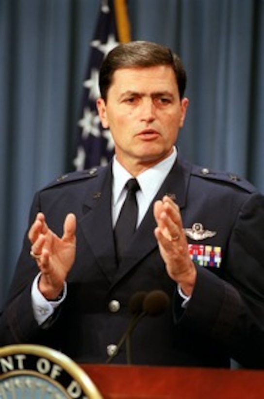 Air Force Brig. Gen. John W. Rosa Jr., responds to a reporter's question during a Pentagon press briefing on March 18, 2002. Rosa and Assistant Secretary of Defense for Public Affairs Victoria Clarke announced the end of Operation Anaconda in Afghanistan. Operation Anaconda was a combat operation involving U.S. and coalition forces against al Qaeda terrorist training camps and military installations in the Shahikot Mountains of eastern Afghanistan, near the city of Gardez. Rosa is the deputy director for current operations on the Joint Staff. 