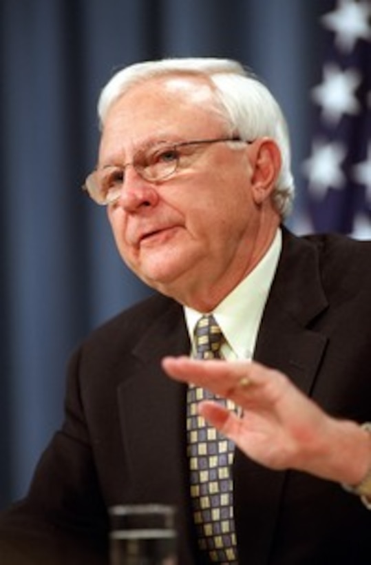 Under Secretary of Defense for Acquisition, Technology, and Logistics Edward C. "Pete" Aldridge Jr. participates in a media roundtable at the Pentagon on March 22, 2002. Aldridge fielded questions from reporters on a broad range of issues including the defense industrial base, the future of the V-22 Osprey program, ballistic missile defense systems, and the joint strike fighter program. 