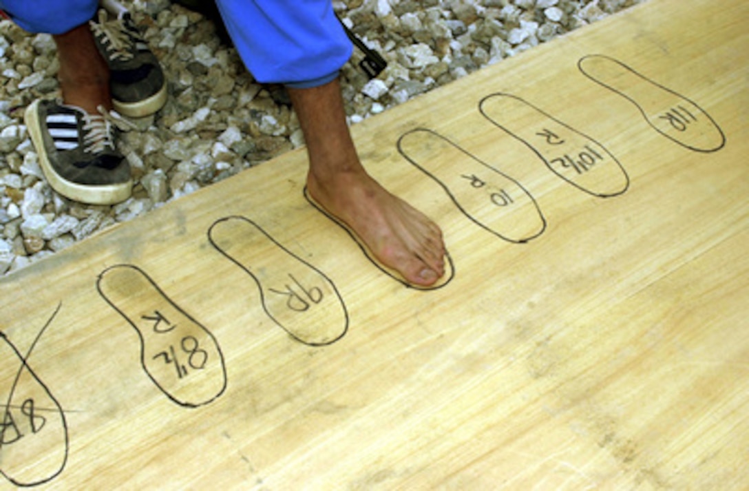 A new recruit of the Afghan National Army is measured for his boot size during uniform issue at the Afghan National Army training site in Kabul, Afghanistan, on May 14, 2002. Approximately 150 U.S. Special Forces soldiers are deployed to Kabul to equip and train recruits of the new Afghan National Army in training cycles of approximately 10 weeks in duration. The training will emphasize basic soldier skills at the beginning of each training cycle and then progress to more complex tasks as skills are mastered. Collective training at the squad, platoon, company and battalion level will follow individual training. 