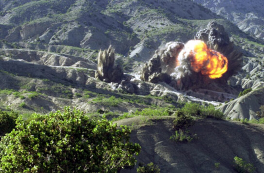 British Royal Engineers of Task Force Jacana destroy a cave complex on the border between the Paktika and Paktia provinces in Afghanistan on May 10, 2002, during Operation Snipe. This was reportedly the largest explosion set off by the Royal Engineers since World War II. 