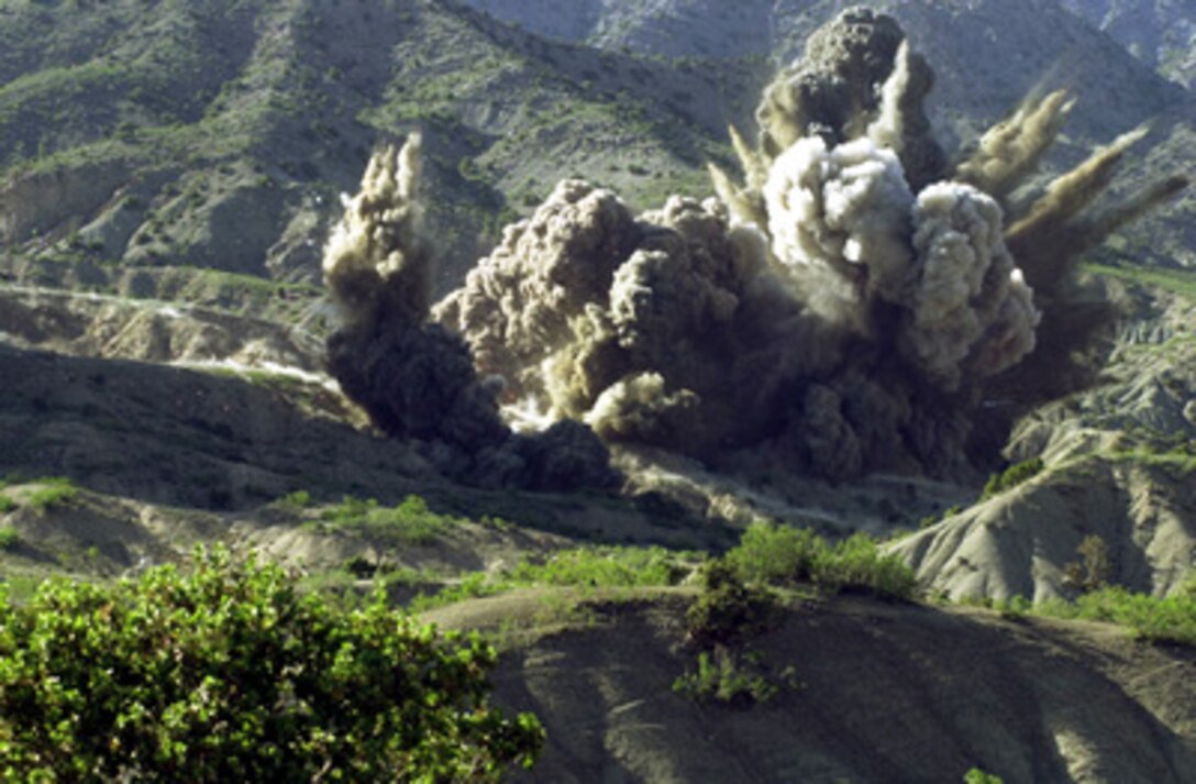 British Royal Engineers of Task Force Jacana destroy a cave complex on the border between the Paktika and Paktia provinces in Afghanistan on May 10, 2002, during Operation Snipe. This was reportedly the largest explosion set off by the Royal Engineers since World War II. 