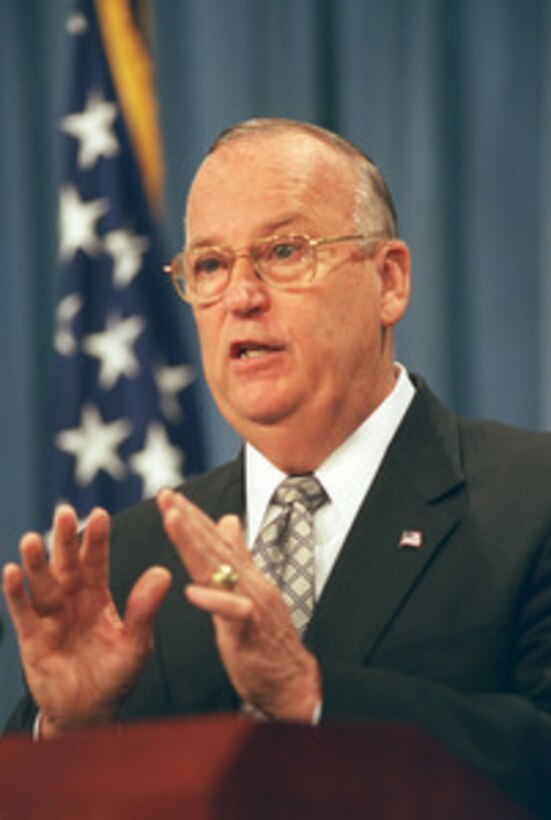 Assistant Secretary of Defense for Reserve Affairs Thomas F. Hall holds a media roundtable in the Pentagon on Nov. 19, 2002. Hall outlined his vision for the office he was recently sworn into and discussed some of the major issues he will be dealing with in the near term. 
