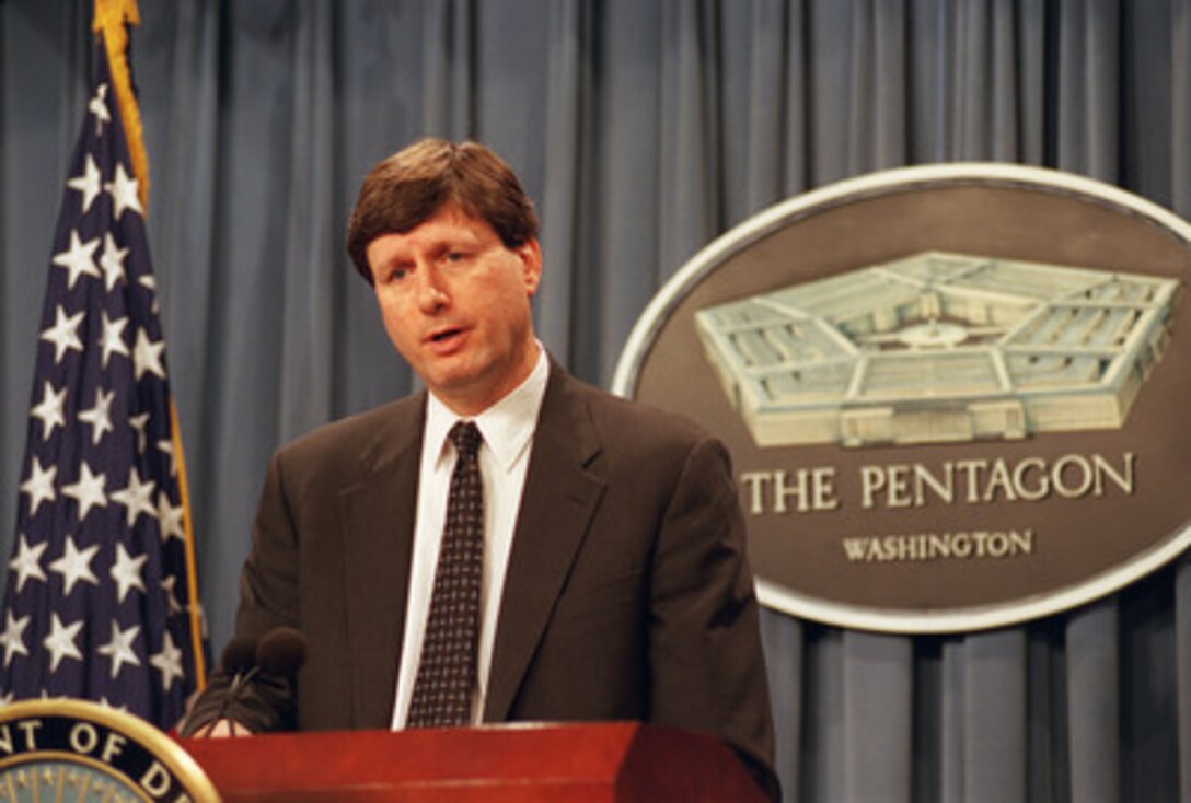 Director of Program Analysis and Evaluation Stephen A. Cambone briefs reporters at the Pentagon on Sept. 18, 2002, concerning the effect of the PA&E review on the FY 2004 defense budget. 