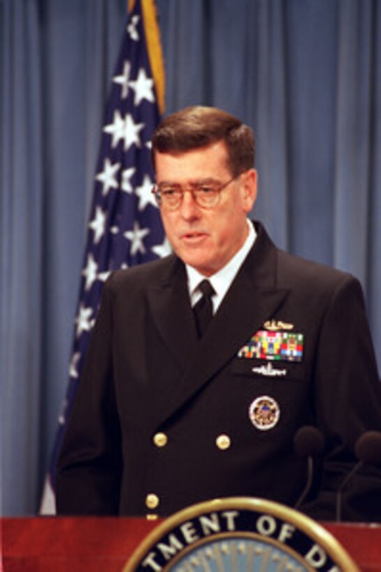 Rear Adm. David A. Gove, deputy director for global operations, J-3, responds to a reporter's question during a Pentagon press briefing on Oct. 11, 2002. 