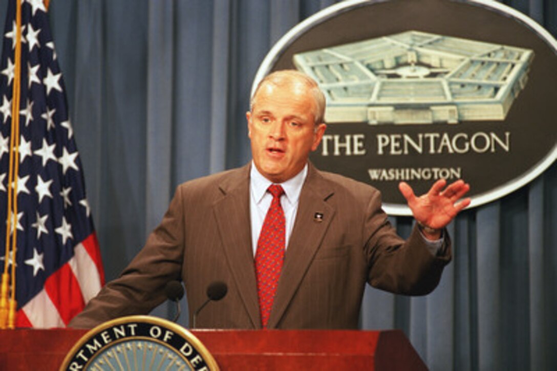 Secretary of the Army Thomas E. White comments on the accomplishments of his Army team in leading the Defense Business Initiatives Council during an Oct. 15, 2002, Pentagon press briefing. Leadership of the council is rotated among the military services to sustain the energy level and fresh perspectives necessary to accomplish the goals of the program. Benefits derived from the council approved initiatives include streamlined business practices, cost avoidance measures and improvements in the transfer of government-to-government information. The implementation of these initiatives is expected to save the Department of Defense between $200 and $400 million annually for the period fiscal 2004-2009. 