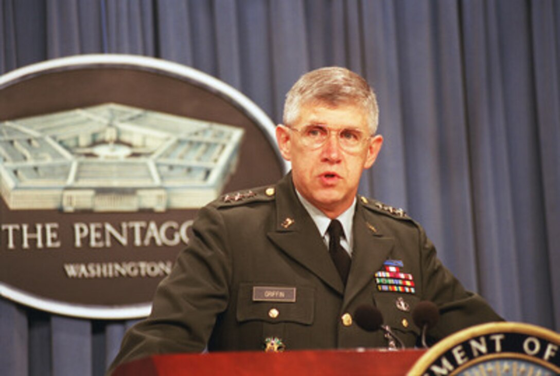 Lt. Gen. Benjamin Griffin, U.S. Army, chairman of the Executive Steering Committee of the Defense Business Initiatives Council, addresses reporters at the Pentagon on Oct. 15, 2002. Griffin announced the completion of the current Army-led phase of the council and discussed some of the 48 initiatives put forth to improve business practices throughout the Department of Defense. Leadership of the council is rotated among the military services to sustain the energy level and fresh perspectives necessary to accomplish the goals of the program. Benefits derived from the council approved initiatives include streamlined business practices, cost avoidance measures and improvements in the transfer of government-to-government information. The implementation of these initiatives is expected to save the Department of Defense between $200 and $400 million annually for the period fiscal 2004-2009. 