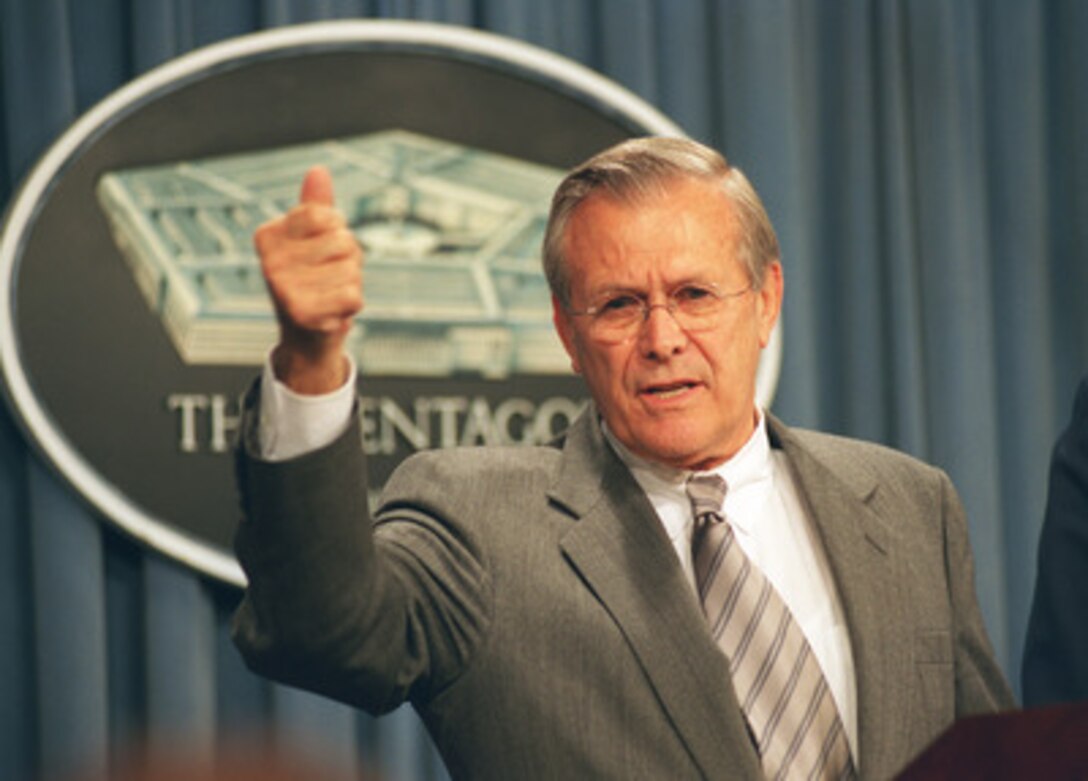 Secretary of Defense Donald H. Rumsfeld comments on North Korea's recent admission that they had been violating four United Nations prohibitions on their nuclear programs during a Pentagon press briefing on Oct. 17, 2002. 